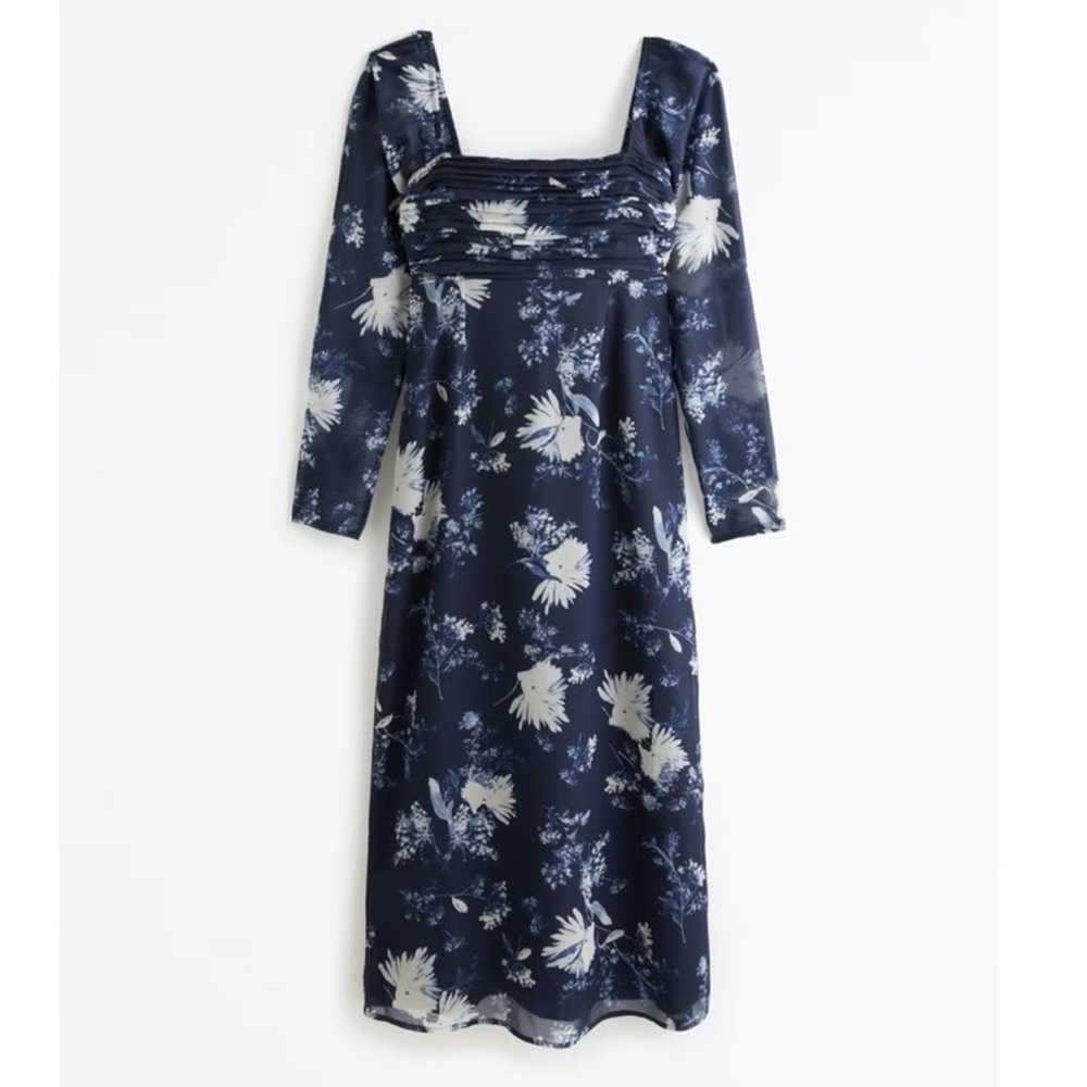 Abercrombie blue white floral Emerson long sleeve chiffon midi dress sz XSP NWT